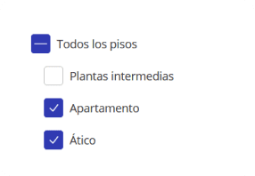 Ejemplo checkbox de fotocasa con estados seleccionado, sin seleccionar e indefinido