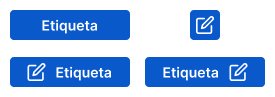 Ejemplo de composición de botones. Solo etiqueta, solo icono, etiqueta + icono e icono + etiqueta