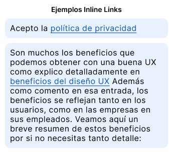 2 ejemplos de enlaces en linea o inline links. Enlace para política de privacidad junto a texto y enlace dentro de párrafo