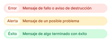 3 mensajes de alerta con distinto color (rojo, amarillo y verde) refuerzan significados completamente distintos