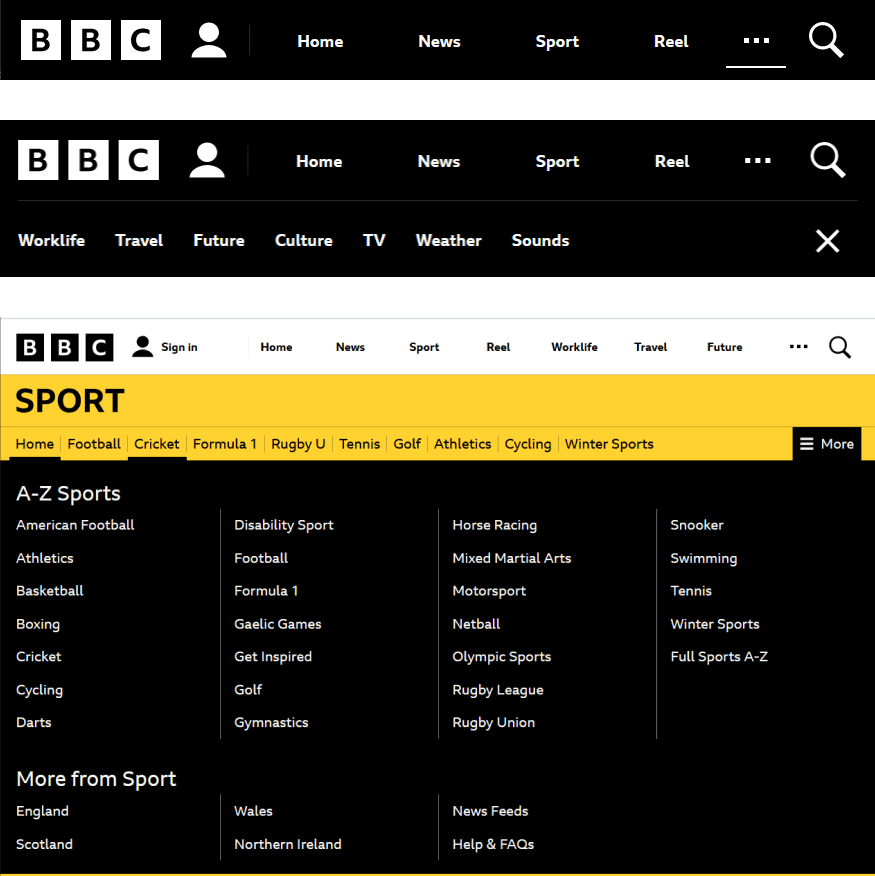 Navigation bars de la web de la BBC