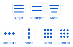 Iconos de menú UI hamburguesa, doner, meatball, kebab, bento y candies 