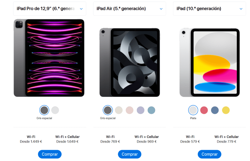 Captura de pantalla de la web de Apple en la que comparan diferentes generaciones de iPad para crear el efecto ancla