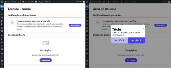 Comparación de un modal al estar oculto y al estar activado. Al activarse también lo hace una capa de oscuridad que bloquea el fondo