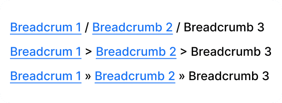 Diferentes ejemplos de separador de breadcrumbs