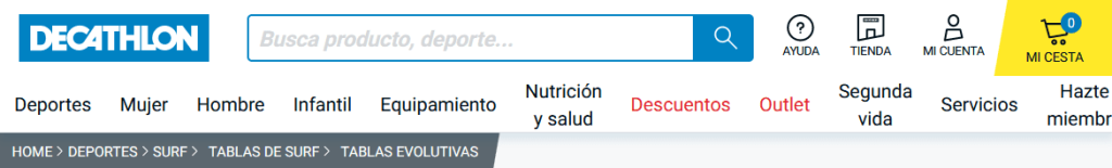 Menu de navegación y breadcrumbs en la web de decathlon